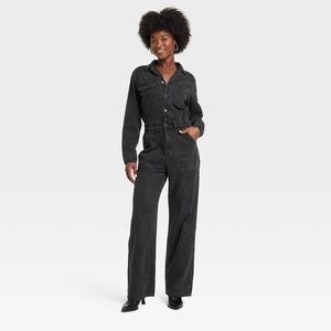 Long Sleeve Utility Baggy Denim Jumpsuit - Black 12
